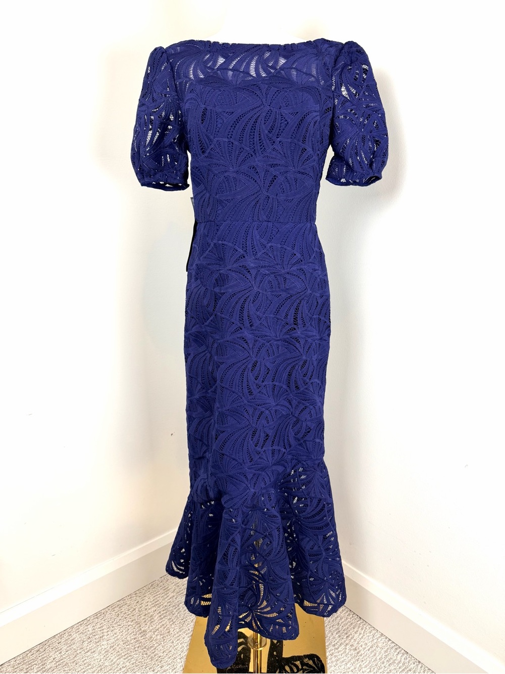 Kay Unger Royal Blue Lace Dress with Puff Sleeves Size 6 NWT Bridal Evening Wear - Picture 2 of 12